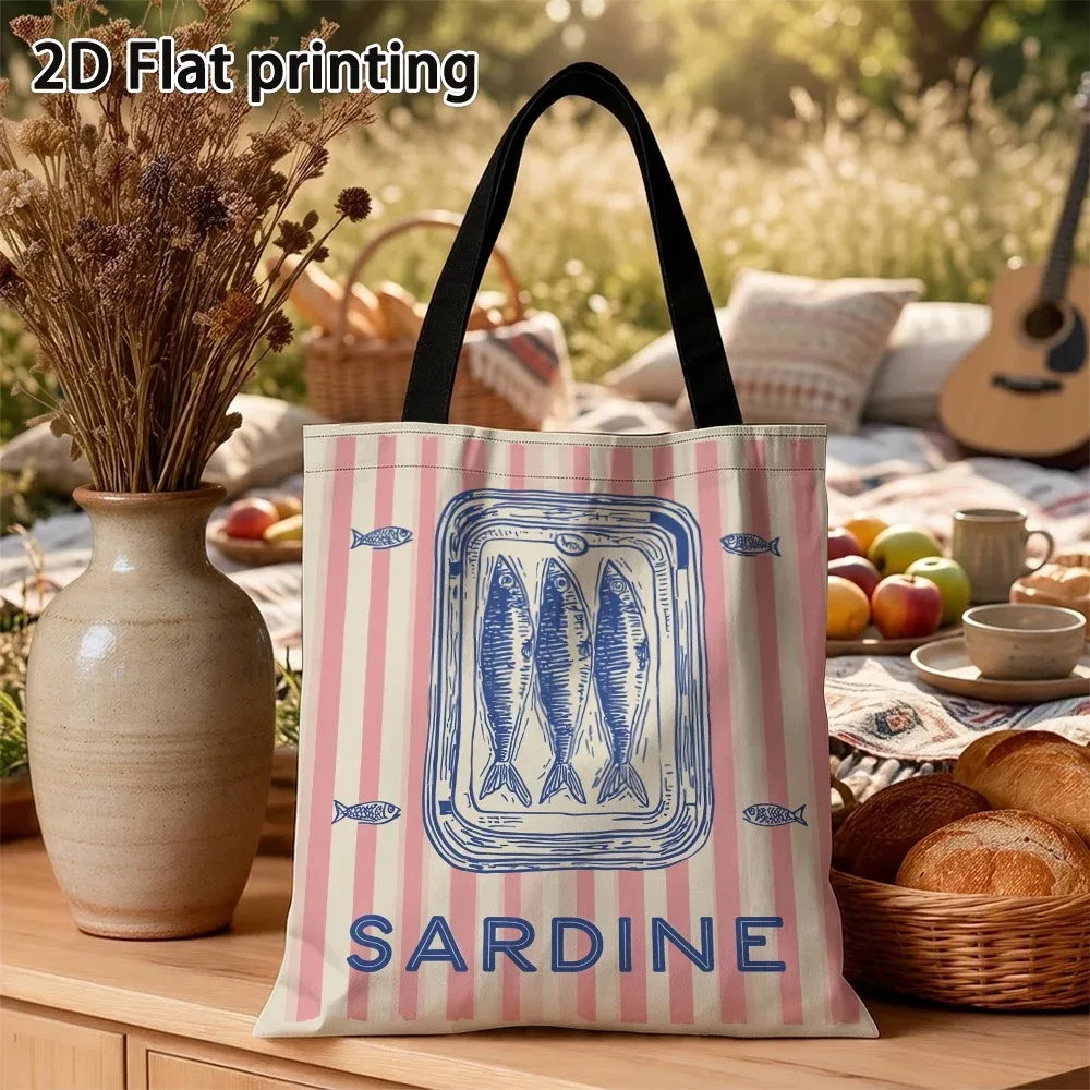 sac fourre-tout au design rétro vibrant motif sardine, sacs d'épicerie légers et réutilisables avec bretelles fixes, pour le shopping et l'usage quotidien