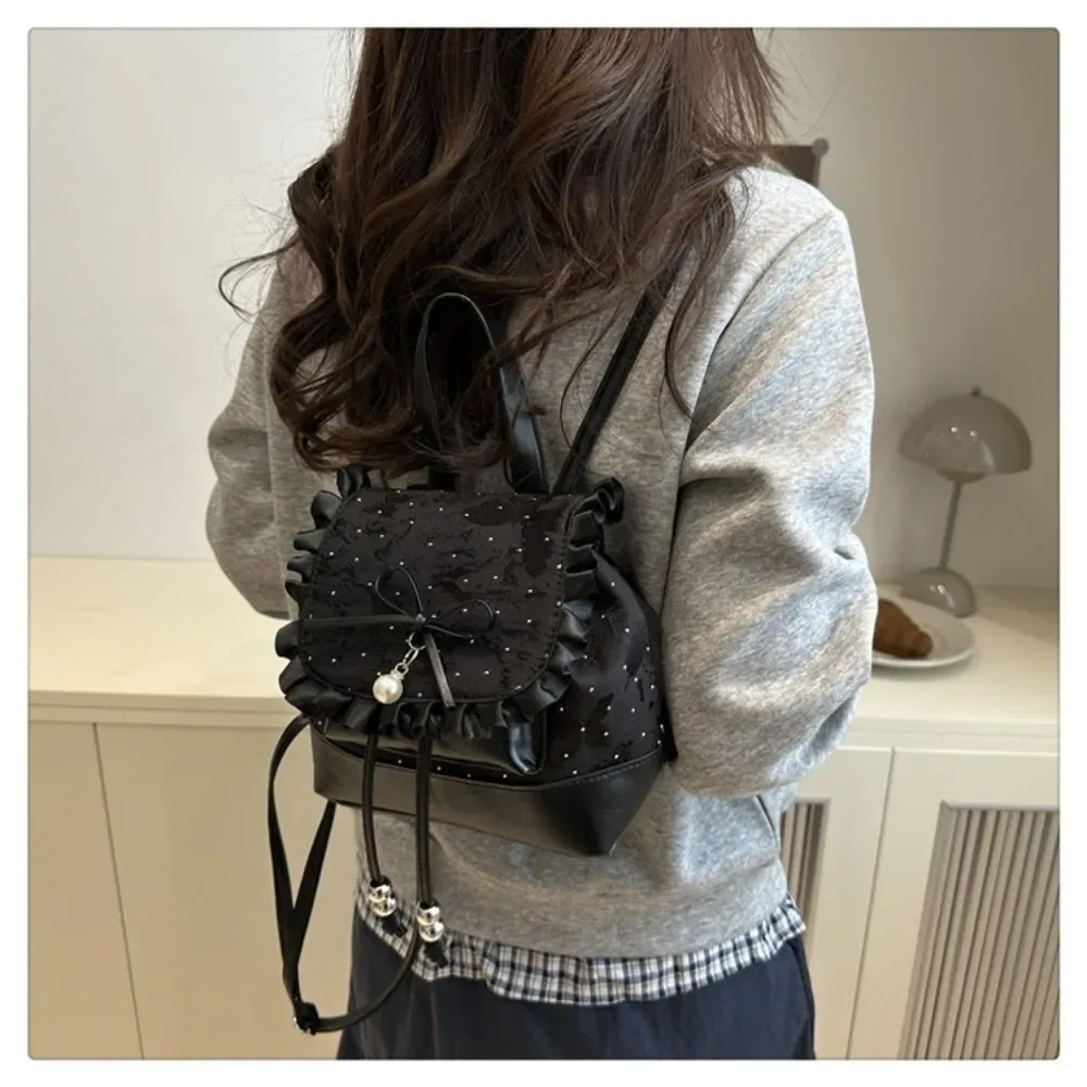 sac à dos mini léger à nœud papillon et dentelle tendance, motif pois, petit sac à livres pour femme