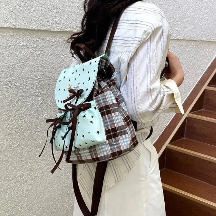 sac à dos coréen à carreaux et imprimé étoiles pour femmes, sac d'école à cordon avec nœud, esthétique y2k, sac de voyage décontracté pour adolescentes
