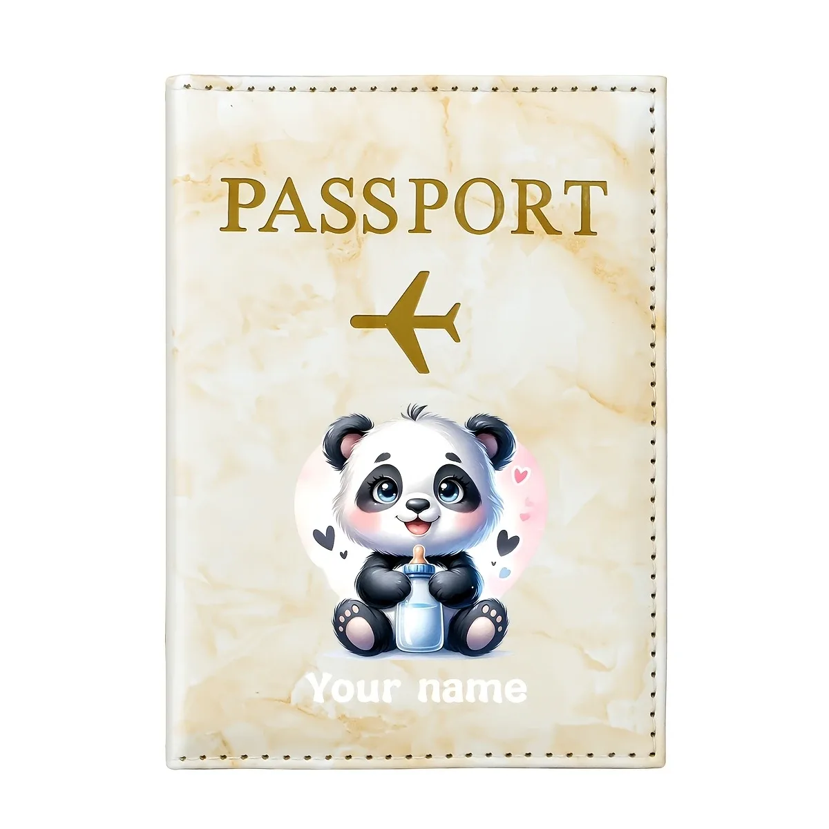 porte-passeport personnalisé avec nom, design d'illustration de panda mignon, motif de panda adorables tenant un cœur