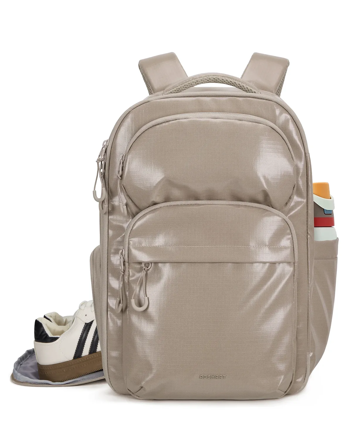 sac dos polyester beige forme rectangulaire poches latérales compartiment chaussures capacité 27l usage voyage école affaires