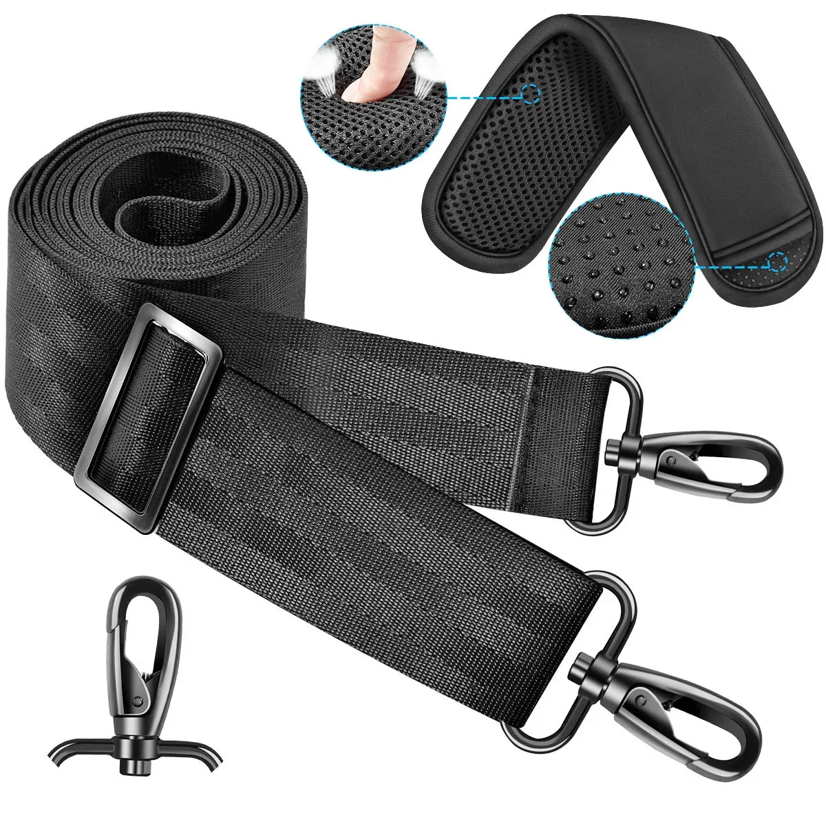 ceinture sac nylon noir rembourrée points supérieurs sacoche ordinateur portable bandoulière longueur réglable usage voyage