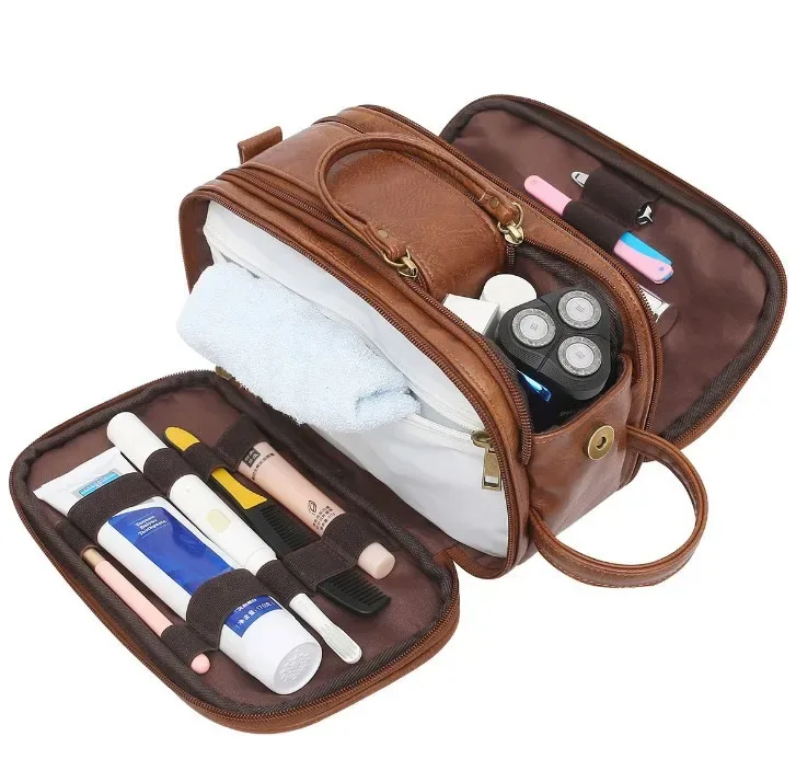 trousse de toilette pour hommes, grand kit dopp de rasage de voyage, organisateur de produits de toilette de salle de bain résistant à l'eau, sacs à cosmétiques en cuir pu
