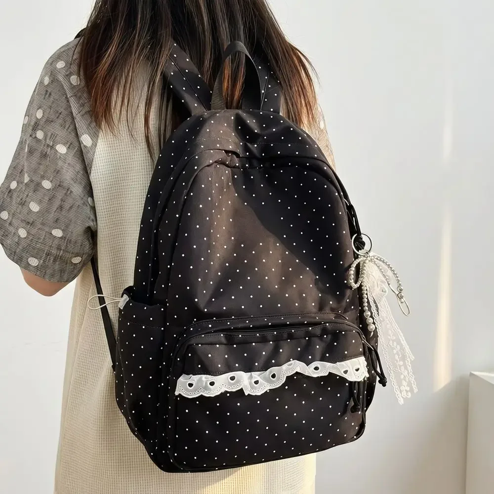 sac à dos tendance à pois grande capacité avec nœud et dentelle, sac à dos durable et minimaliste pour étudiant, idéal pour l'extérieur