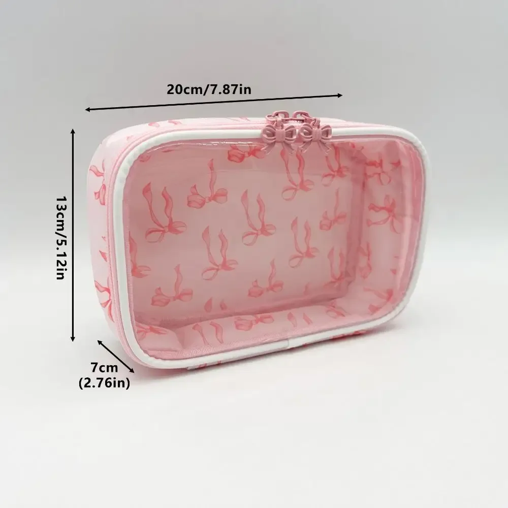 sac de maquillage polyvalent en pvc transparent avec fermeture éclair, sac à cosmétiques imprimé nœud, trousse de toilette de grande capacité pour femmes et filles