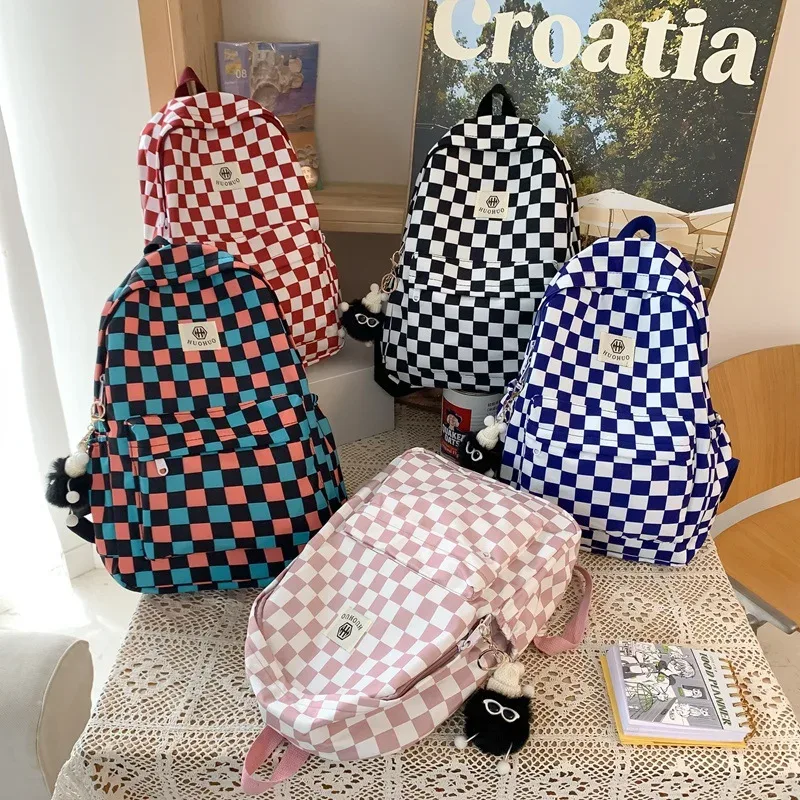 Sac à dos décontracté à carreaux style rétro coréen et hongkongais pour étudiants, sac à dos de rangement à lettres, sac à dos double épaule pour femmes pour l'école et l'éducation