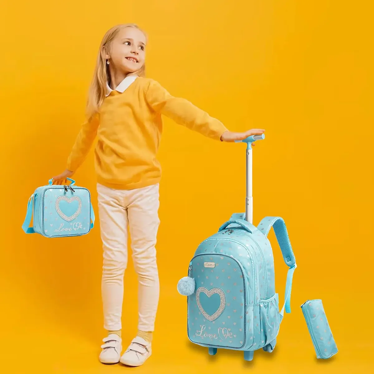 sac dos polyester toile dessin animé bleu pastel coeurs dorés love scolaire transport voyage filles