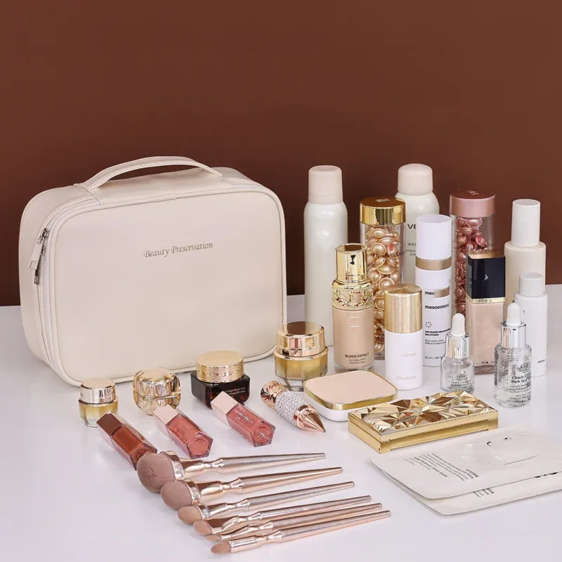 sac de maquillage fourre-tout de grande capacité en pu, organisateur de voyage, sac de rangement de cosmétiques, trousse de luxe pour femmes, pochette double couche, vente en gros