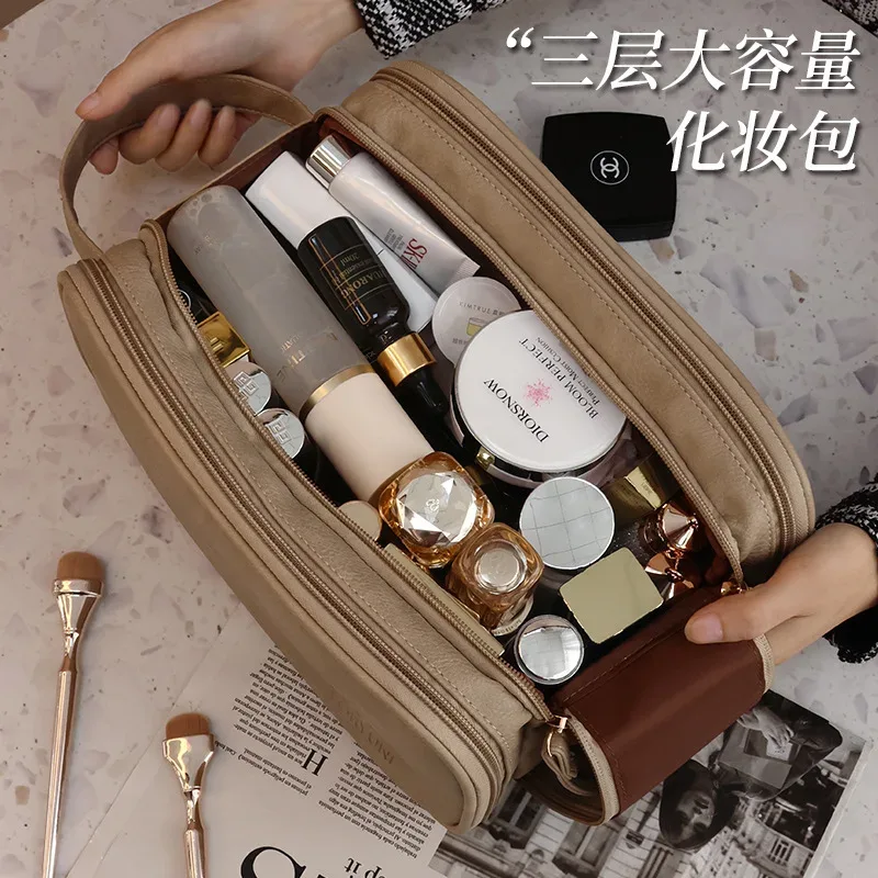 sac de maquillage multifonctionnel en cuir pu pour femmes, grande capacité, portable, double fermeture éclair, brosse de maquillage de voyage, sac de rangement d'articles de toilette