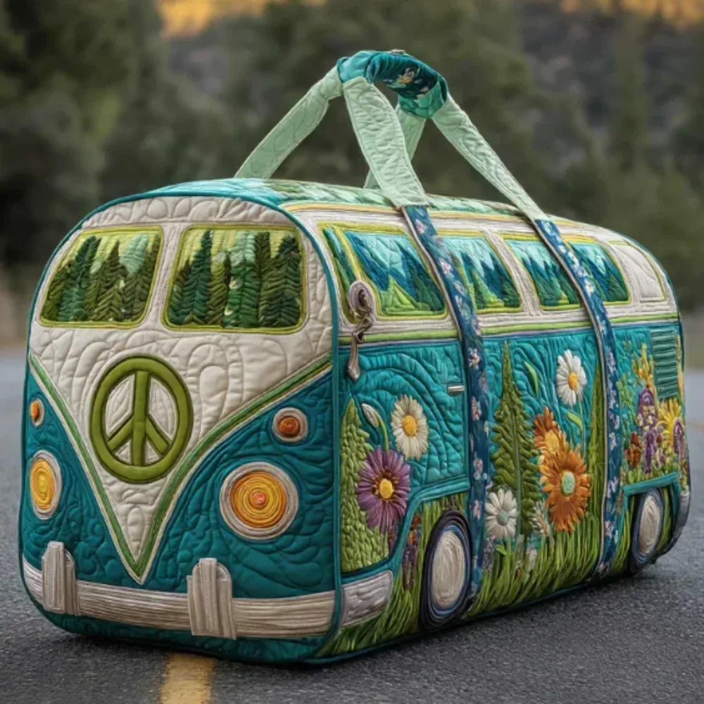sac voyage polyester fleurs blancs symboles paix texturé poignées tissu sacoche hippie motifs colorés week end polyvalent