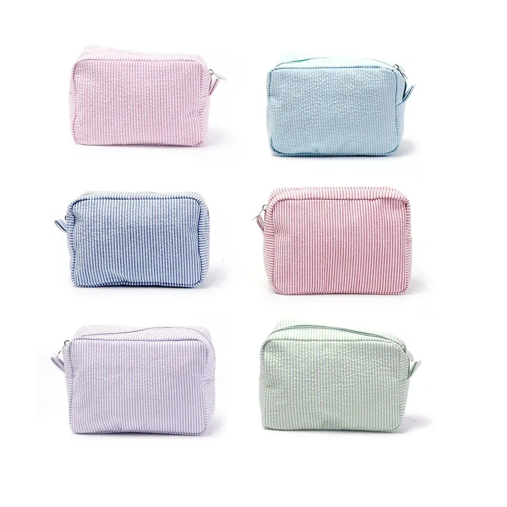 seersucker – sacs à cosmétiques à volants, sacs de rangement à rayures roses/violettes pour femmes, sac de voyage avec fermeture éclair, trousse de maquillage