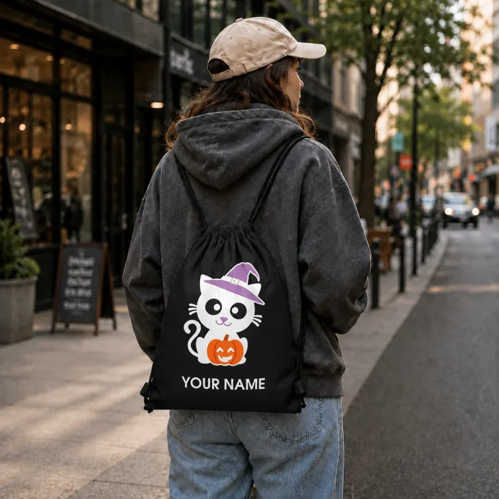 sac à cordon personnalisé avec nom, motif chat d'halloween, chapeau de sorcière, citrouille, sac à trucs ou fripes pour enfants, sac à dos 34x41cm