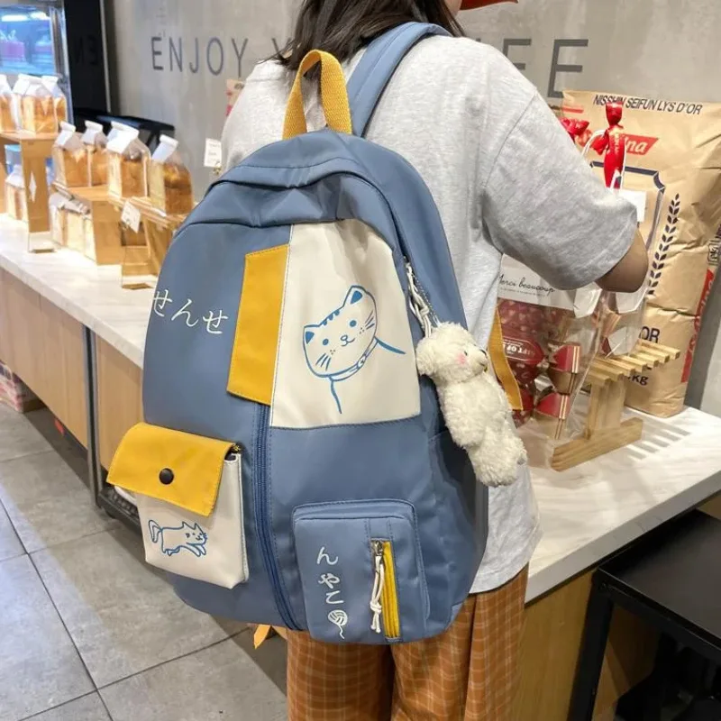 sac à dos de voyage en nylon imperméable de grande capacité, cartable de style coréen avec chat de dessin animé mignon pour femme