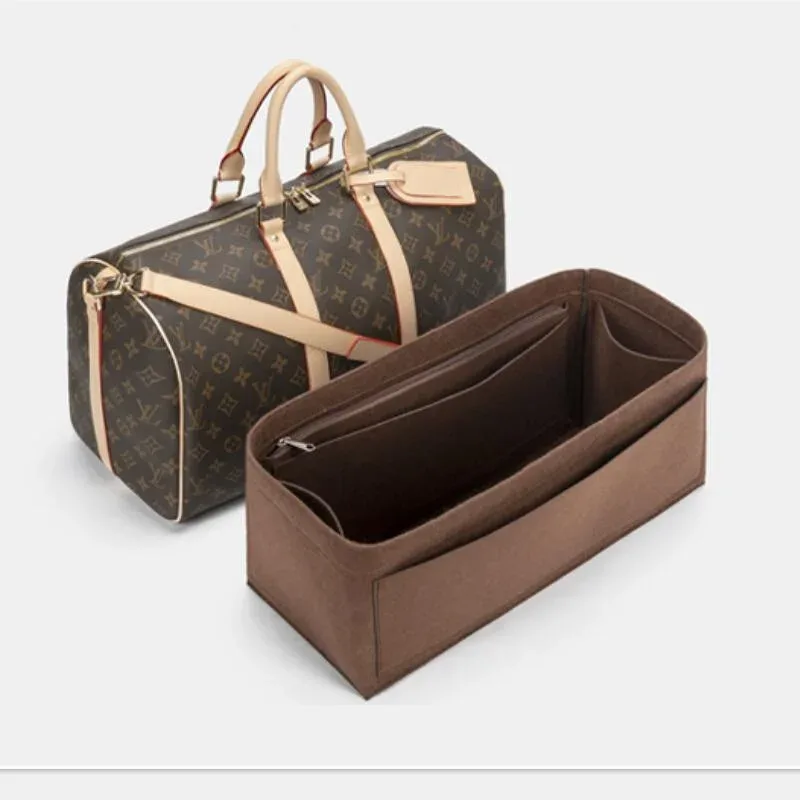 trousse toilette feutre marron compartiments monogrammé noir beige voyage cosmétique maquillage sac adaptation keepall