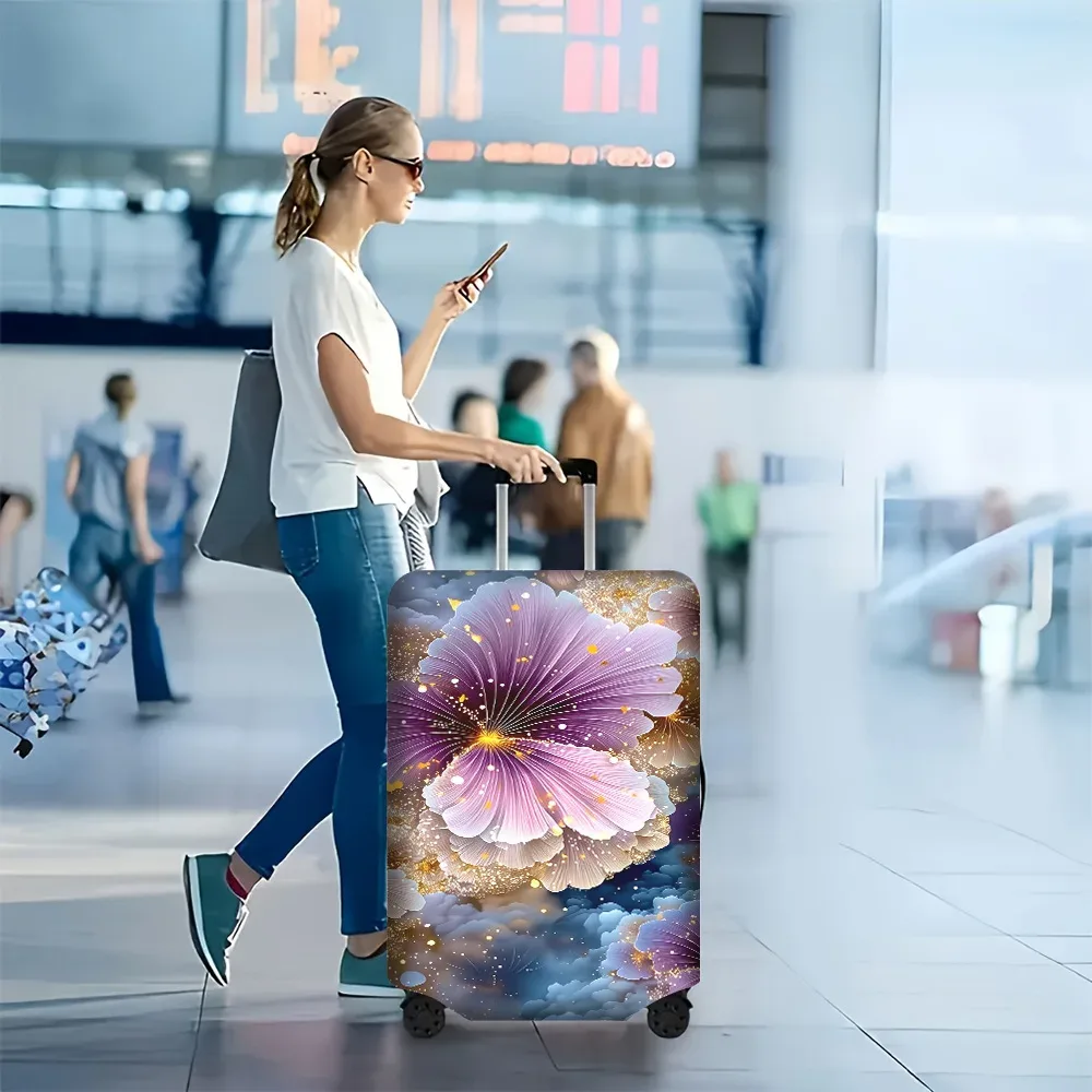 housse valise polyester motif floral violet bleu nuit fleur dorée protection voyage taille moyenne