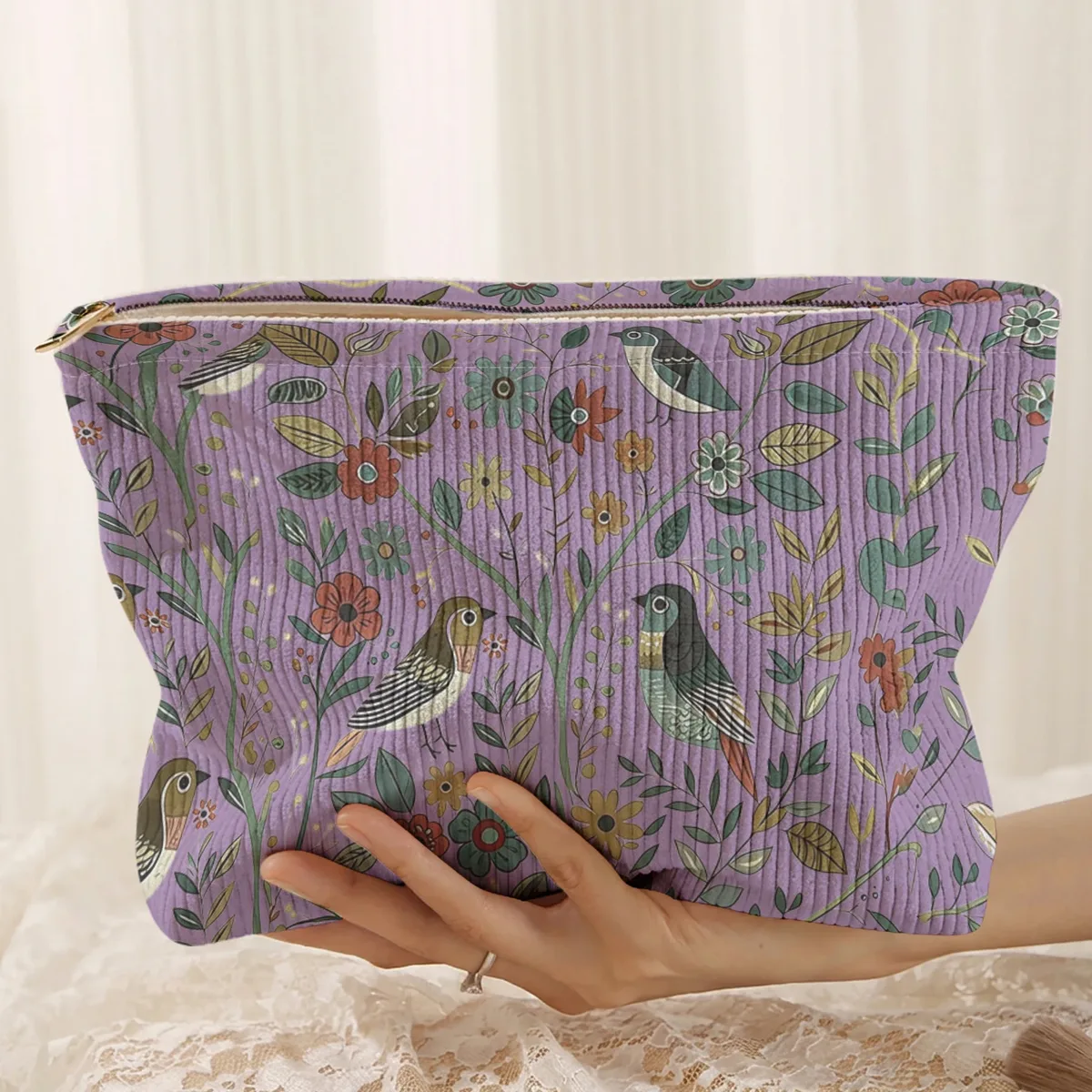 1 pièce, trousse de maquillage en velours côtelé avec motif d'oiseaux et de branches, légère et multifonctionnelle pour le rangement des cosmétiques.