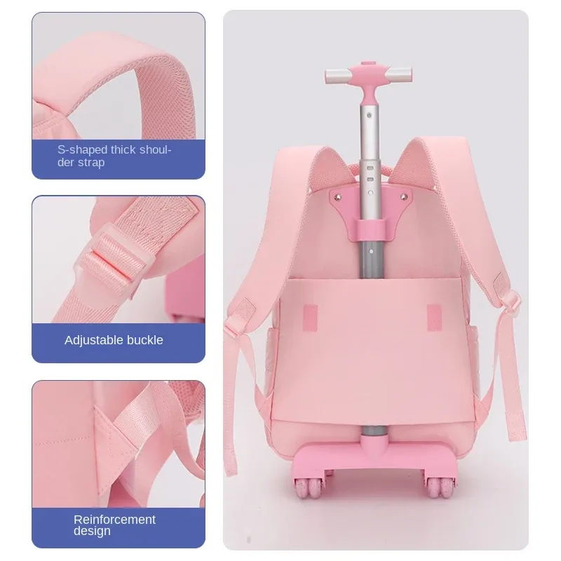 sac dos polyester rose compartiment principal roues intégrées poches latérales sacs école filles voyage