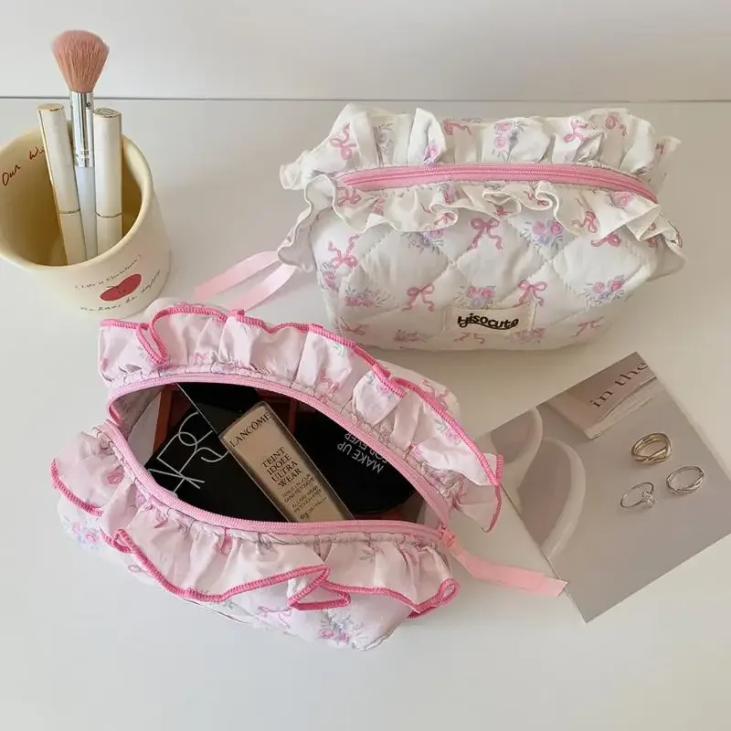 sac de maquillage en coton matelassé avec nœud mignon pour femmes, organisateur de cosmétiques à fermeture éclair, sac à main en tissu, trousse de toilette portable pour filles