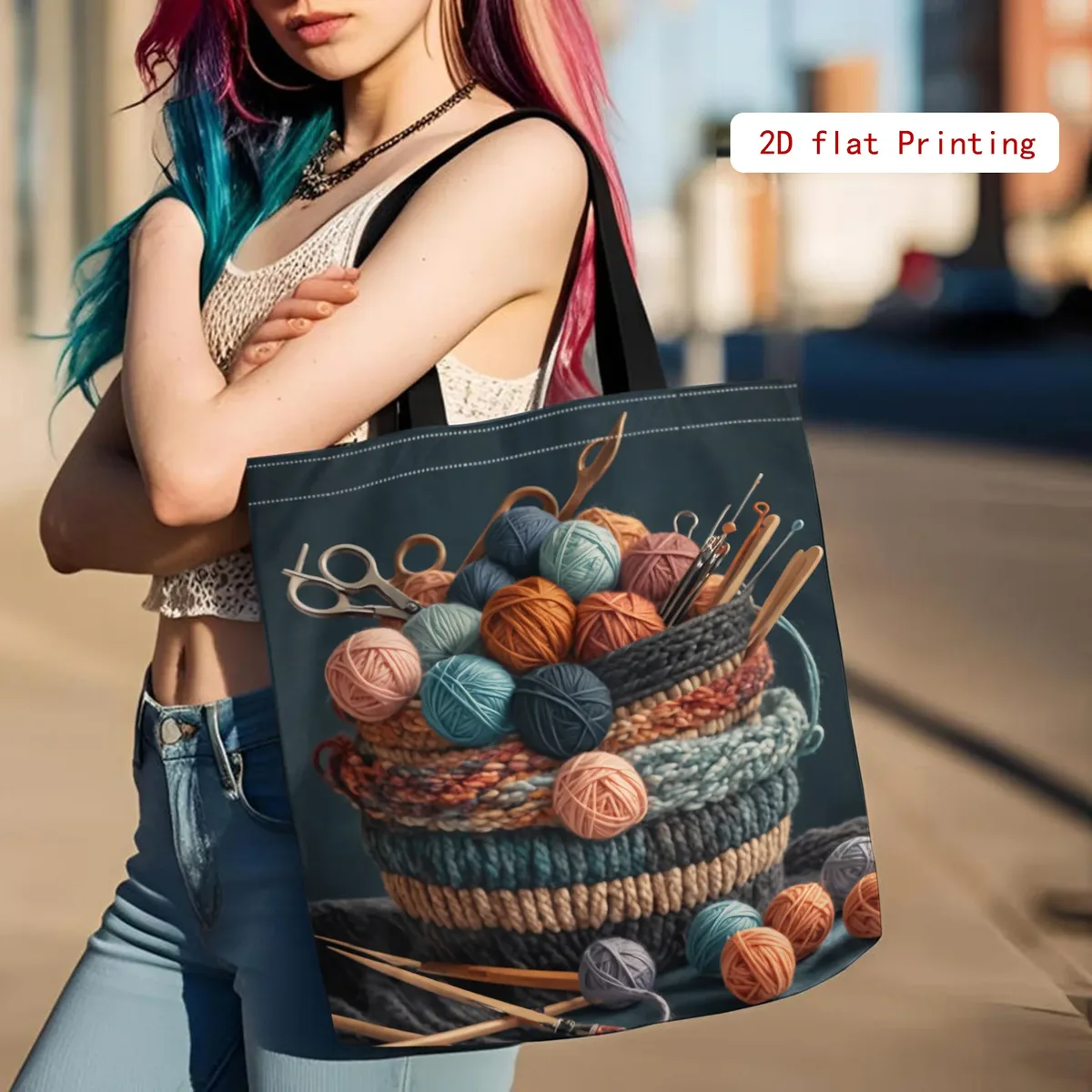 sac fourre-tout pour femme à imprimé aiguilles à tricoter colorées, grande capacité, sac à bandoulière pliable et réutilisable, sac de courses, pochette