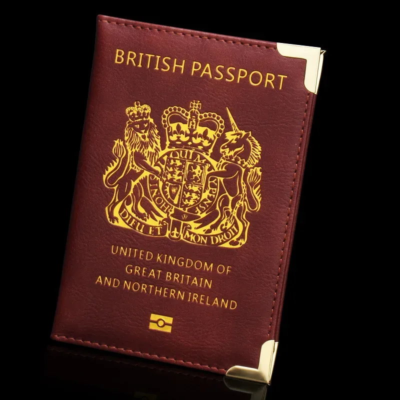 accessoires de voyage porte-passeport britannique avec pieds en cuivre, couverture de passeport en pu, portefeuilles d'angle en métal fin, porte-carte d'identité