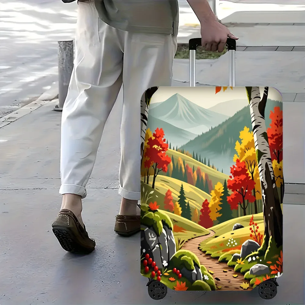 housse valise polyester motif forêt automnale couleurs vert jaune rouge noire protection voyage taille moyenne