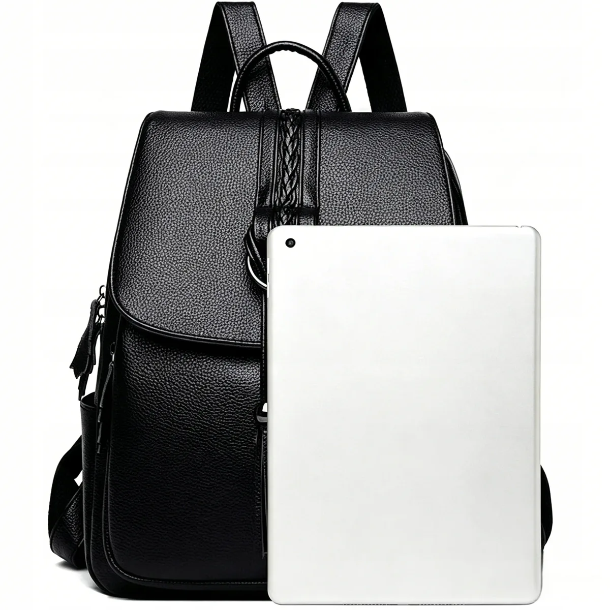 Sac à dos et sac à main 2-en-1 en éco-cuir pour femme avec pompon – Sac fourre-tout léger et spacieux, format A4, bretelles réglables, accessoires argentés pour le travail et les voyages