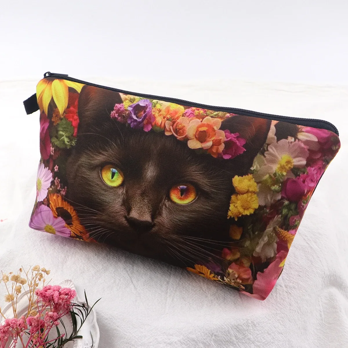 sac de rangement de voyage pour femmes, sac à cosmétiques, trousse de maquillage, trousse de maquillage, trousse de rouge à lèvres à fermeture éclair imprimée, chat mignon