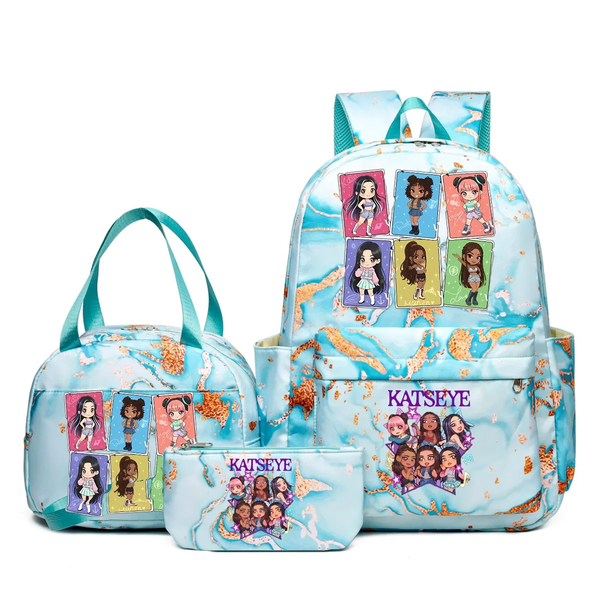 sacs à dos katseye music 3 pièces pour femmes et filles, sacs à dos de voyage et d'extérieur dégradés avec sacs à déjeuner, légers, pour adolescents, ordinateur portable, mochila