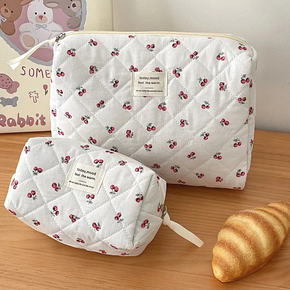 mode cerise fourre-tout femmes sac de maquillage portable mignon dames cosmétique toilette pochette de rangement sac à main coton matelassé sac à fermeture éclair