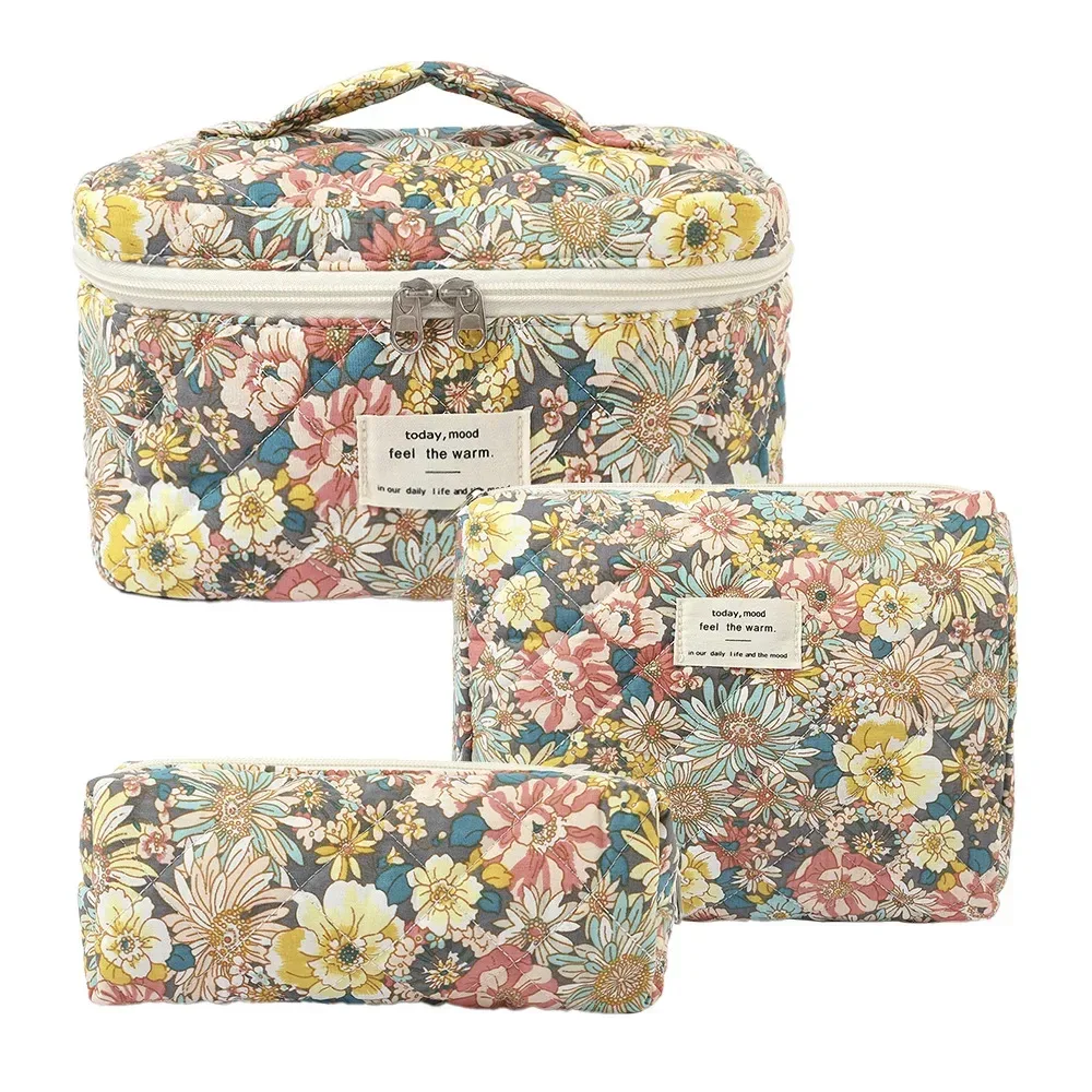 sac de maquillage en coton à fleurs mignonnes pour femmes, 1 pièce, organisateur de cosmétiques à fermeture éclair, sac à main en tissu en forme de boîte, trousse de toilette portable pour filles