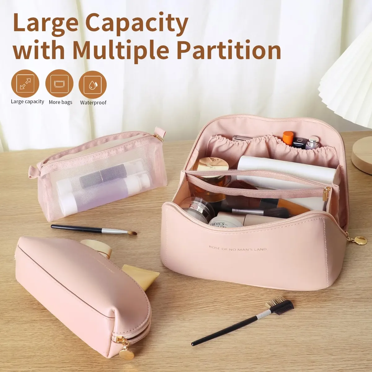 trousse de maquillage de voyage, sacs de rangement de cosmétiques de grande capacité pour femmes, trousses de toilette imperméables en cuir pu, maquillage plat à large ouverture