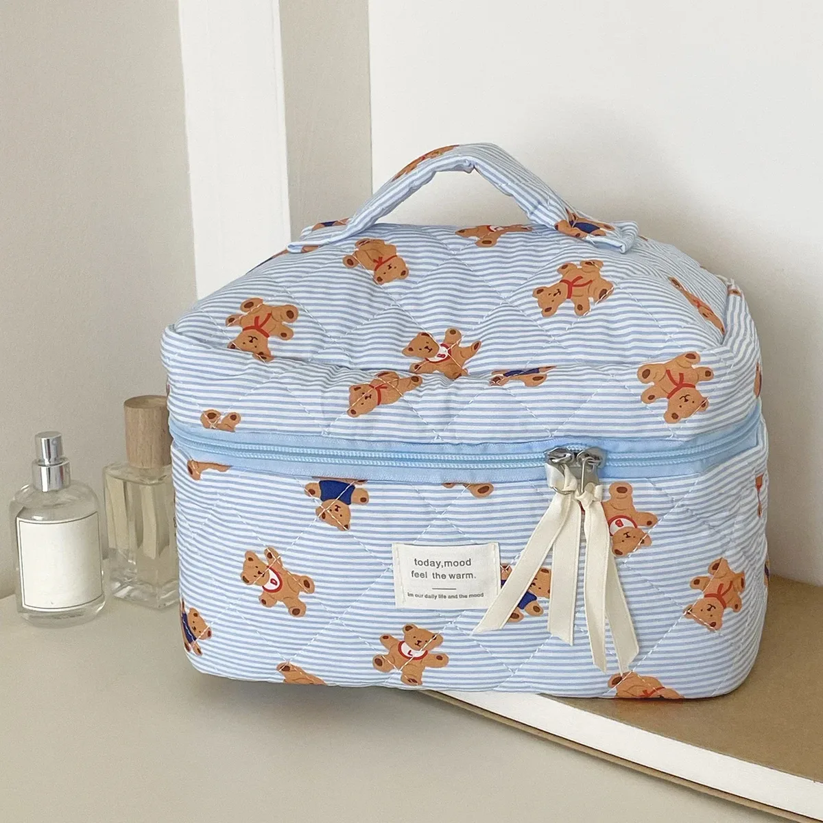sac à cosmétiques motif ours rose beige pour femmes, joli organisateur de voyage de maquillage à fermeture éclair, sac à main féminin, pochette de toilette pour filles