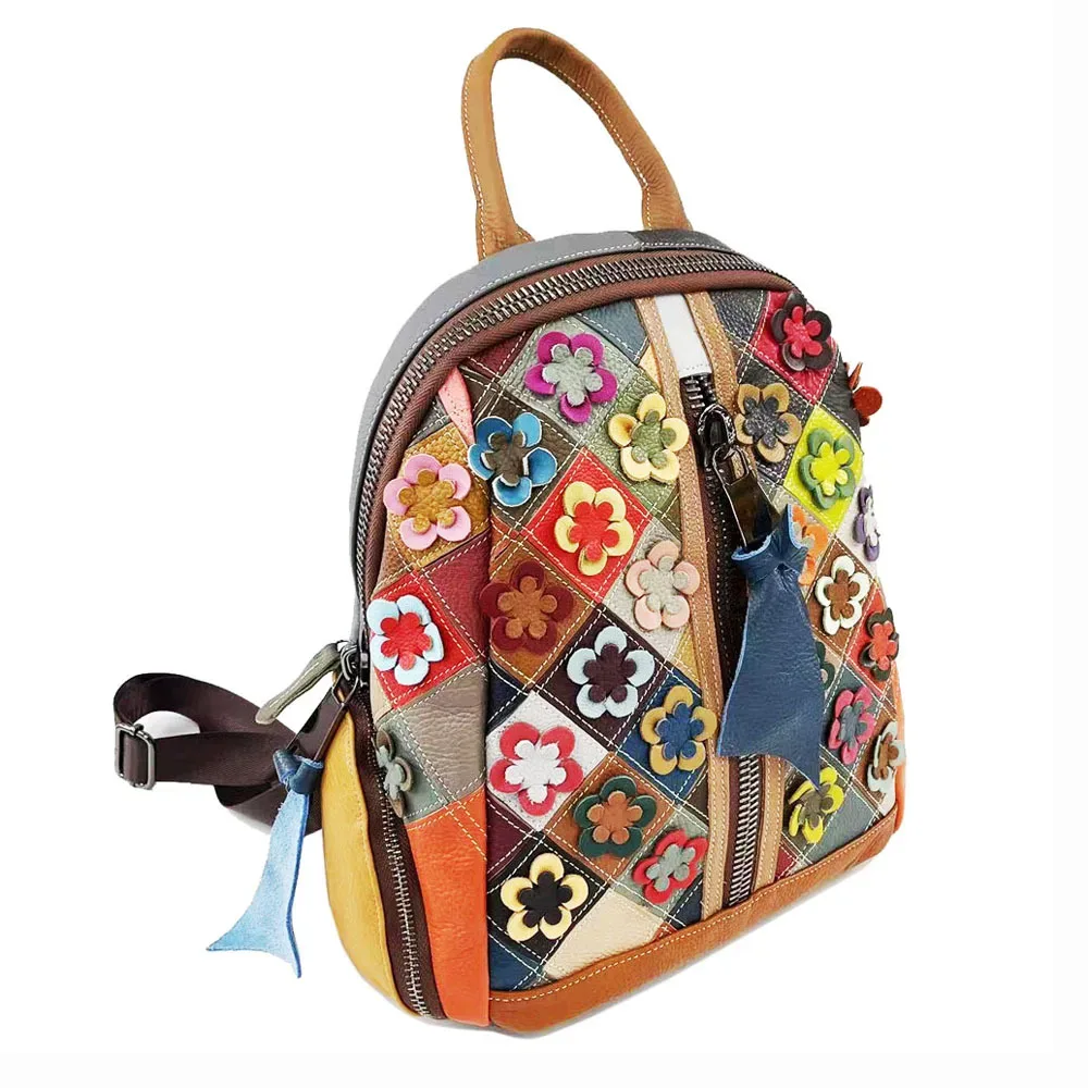 sac à dos en cuir véritable pour femme, motif floral, cartable de voyage pour dames, nouvelle collection 2025