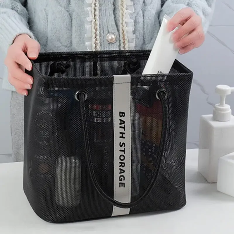 trousse de toilette en maille portable, poignée à séchage rapide, grande capacité, salle de bain, douche, voyage, fourre-tout de maquillage, sac à main, panier organisateur