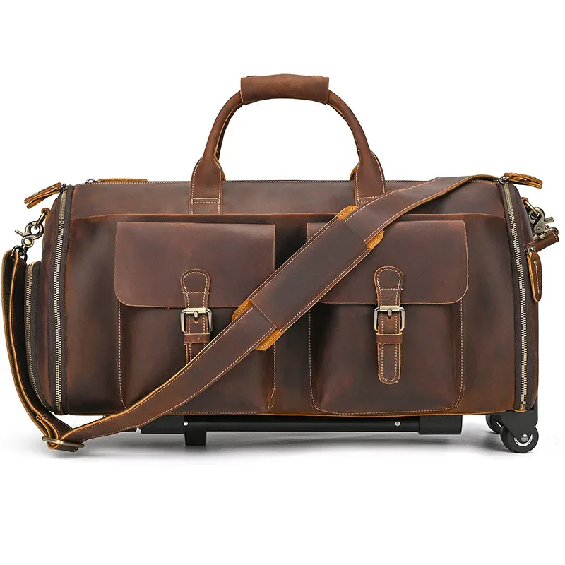 sac de voyage à roulettes en cuir véritable pour homme, sac de sport roulant en cuir de vachette crazy horse de 22 pouces avec compartiment à chaussures, grand sac de rangement