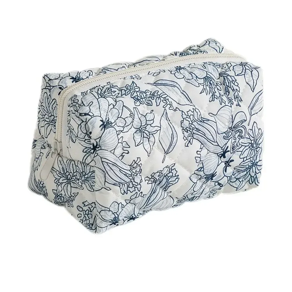 trousse de maquillage en coton matelassé, trousse de toilette portable à carreaux avec fermeture éclair, grande capacité, poudres de soin de la peau, voyage