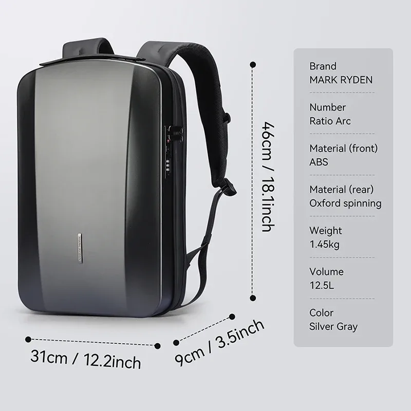sac à dos rigide pour homme mark ryden, sacoche pour ordinateur portable 17,3 pouces avec serrure tsa, chargement usb, résistant à l'eau, pour les déplacements professionnels