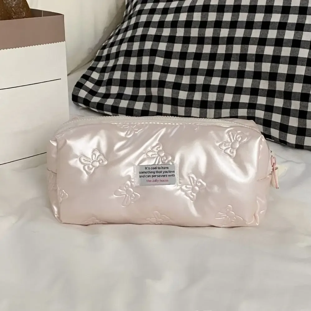 sac à cosmétiques en matériau pu, avec décoration en nœud, compartiment de rangement, trousse de toilette, sac à main multifonction à fermeture éclair, sac à maquillage, essentiel pour les voyages