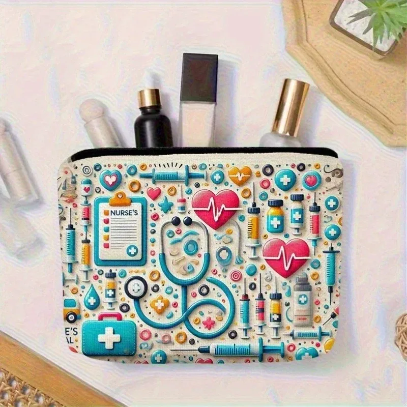 kit de survie pour infirmière imprimé double face, 1 pièce, trousse de maquillage | organisateur de voyage portable avec fermeture à glissière pour articles de toilette et espèces