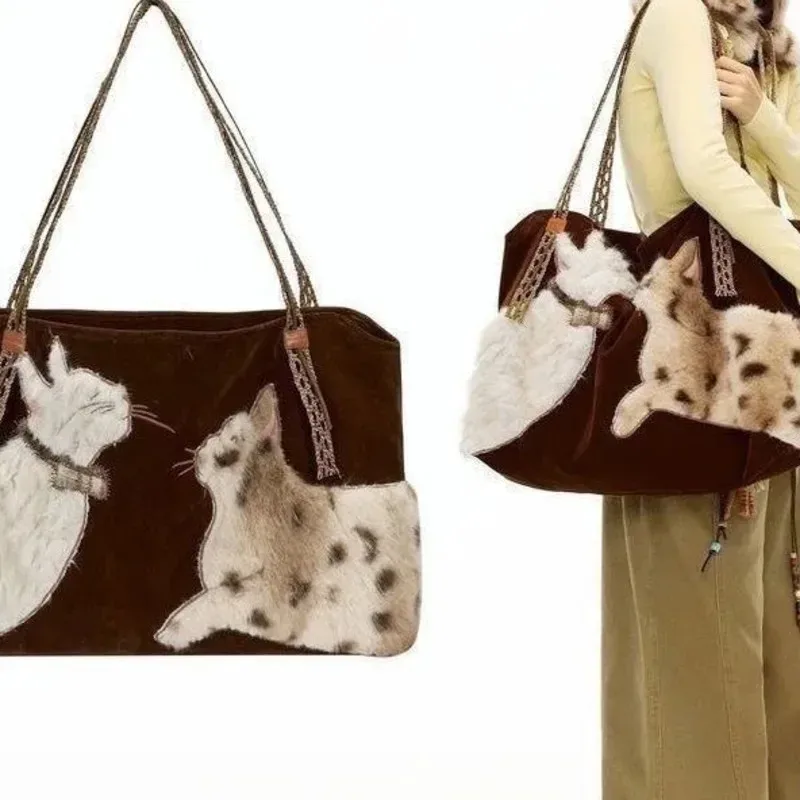 sac fourre-tout en fausse fourrure brodée motif chat, grande capacité, sac à main pour femme, marron, sac de voyage en peluche d'hiver, sac boston.