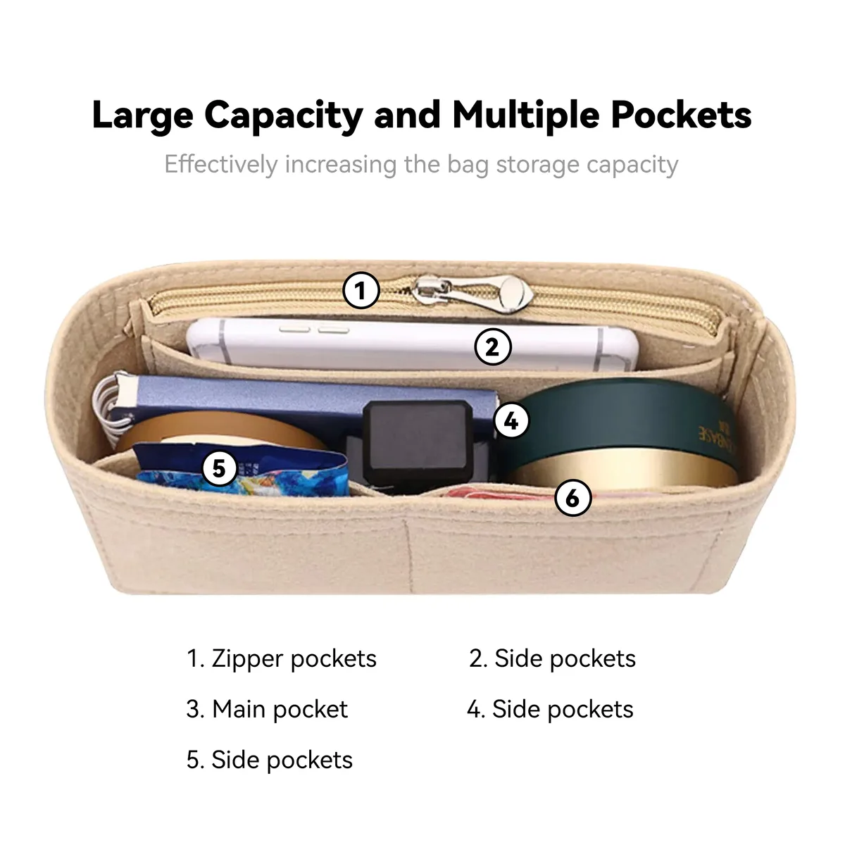 organisateur de sac en feutre tendance, parfait pour les sacs à main de marque pour femmes, les trousses de maquillage et les accessoires de sac.