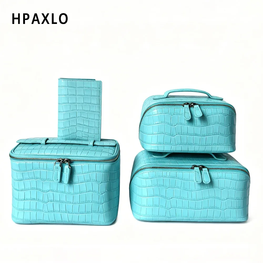 trousse de maquillage en cuir pleine fleur imprimé crocodile bleu, sac de toilette, cadeau femme, étui cosmétique, organisateur de maquillage de voyage