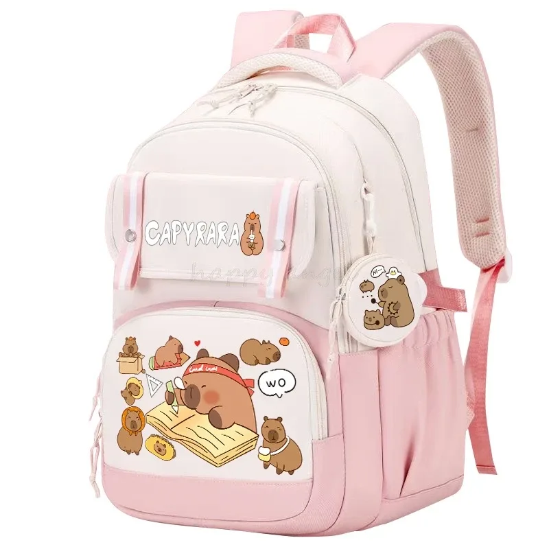 sac dos toile capybara dessin animé tissu doux fond blanc accents roses bleus poche rabat décoration dentelle jacquard ultra léger usage école collège adolescents
