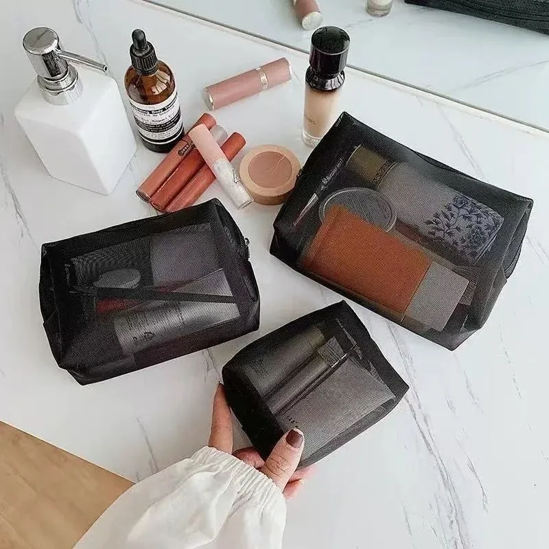 trousse toilette nylon noire transparente zip maille fine cosmétiques maquillage voyage femmes mini pochette