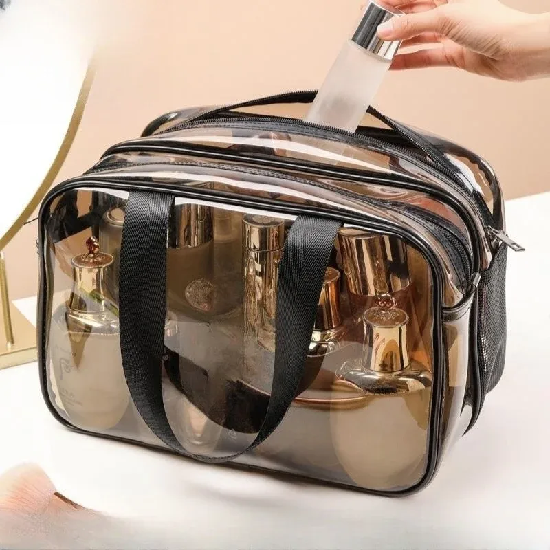 organisateur de cosmétiques double couche de grande capacité, 1 pièce, sac de lavage de voyage portable, pochette de maquillage transparente et étanche pour femme