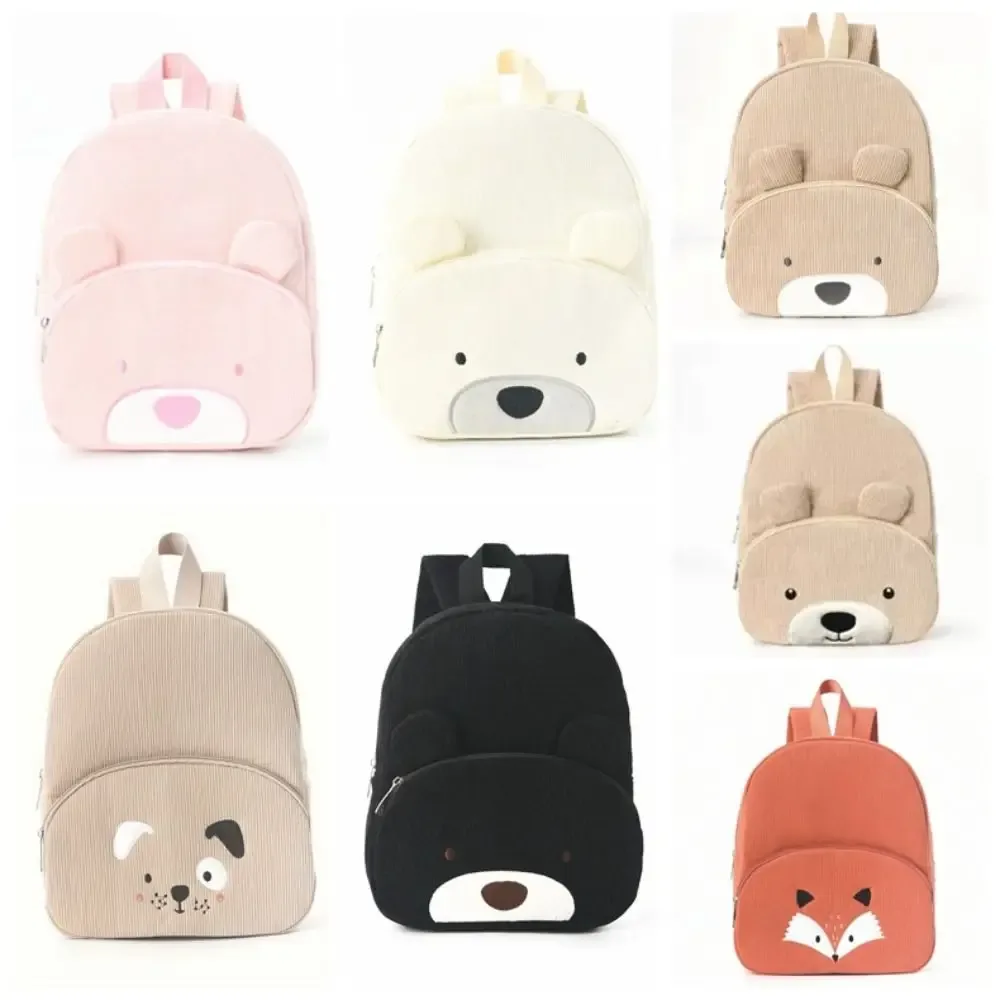 sac à dos simple en velours côtelé pour enfants, motif ours de dessin animé, couleur unie, grande capacité, pour étudiants et femmes