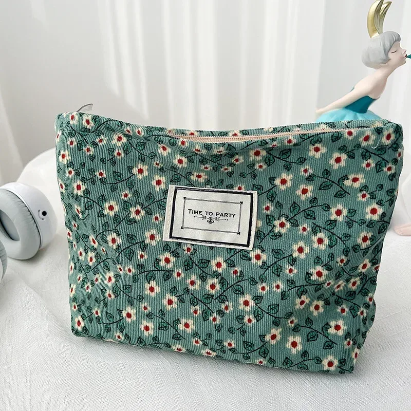 trousse de maquillage en velours côtelé pour femme, trousse cosmétique à imprimé floral rétro, étuis de rangement de beauté, poudres de maquillage de voyage