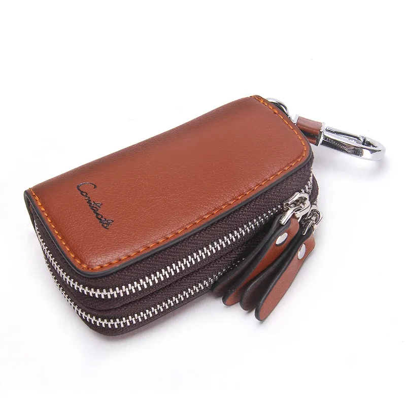 contact's – porte-clés de voiture en cuir véritable, porte-clé de mode, organisateur de clés de ménage, double fermeture éclair, étui à clé