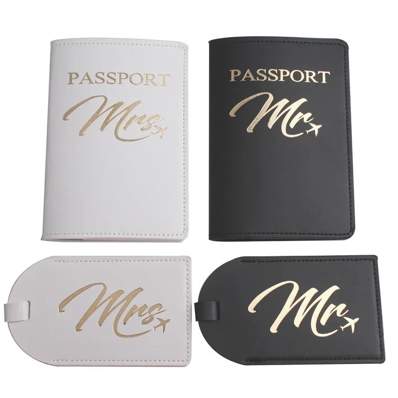 couverture de passeport mr mrs, étiquette de bagage, étui pour passeport de mariage, lettre porte-passeport, portefeuille, accessoires de voyage, 4 pièces/ensemble