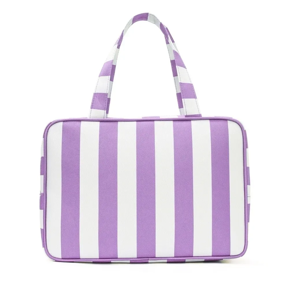 sac de rangement pour articles de toilette rayé grande capacité, pliable, multi-compartiments, sac de maquillage de voyage, pochette cosmétique durable et portable